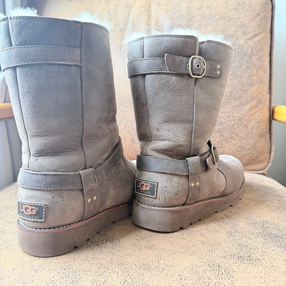 Ugg Australia Noira Brown Waterproof Leather Sheepskin Boots Womens 8 1005730